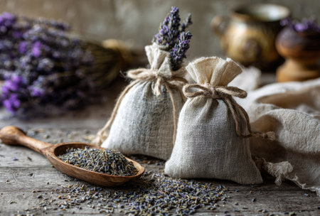 The image features lavender buds and two small fabric sachets with lavender sprigs. The scene is illuminated by natural light, highlighting the textures of wood and linen. The composition is a rustic aesthetic, suitable for wellness, aromatherapy, or natural product promotion. Selective focus draws attention to the central elements, with potential uses in editorial and advertising.の素材