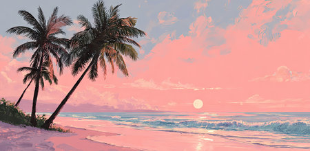 This image depicts a serene coastal landscape. Palm trees silhouette against a backdrop of pastel-colored sky, ocean, and clouds. The artwork uses a soft color palette with pinks, blues, and yellows, suggesting a warm day. This could be used for various commercial projects and editorial content.の素材