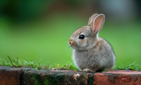 A close-up photograph captures a small bunny sitting on a brick surface with a blurred green background. The bunny displays gray fur and perked ears. Soft lighting highlights the details. The image could be used for various purposes, including editorial content and advertising materials.の素材