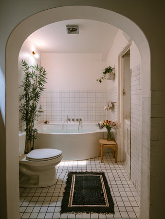 This image showcases a bright bathroom with a white toilet and bathtub. The room is illuminated by natural light, enhancing the clean and inviting ambiance. A small rug and decorative plants add visual interest. It is suitable for various commercial purposes, including interior design projects or lifestyle content.の素材