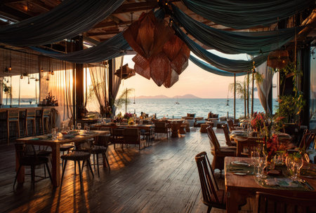 An interior shot features a restaurant setting with tables prepared for dining. The scene is illuminated by the warm hues of a sunset visible through large windows, and draped fabric adds a decorative touch. This setting suggests a location ideal for fine dining or social events, suitable for advertising, and editorial content.の素材