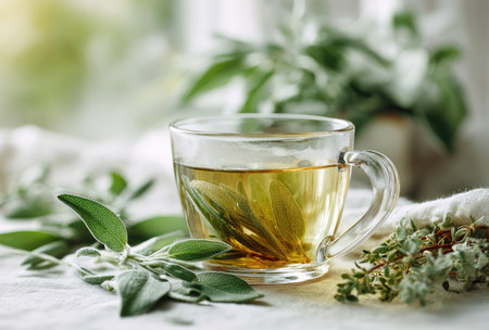 A glass cup filled with tea sits on a white surface, surrounded by green leaves and plants. The beverage appears golden in color, reflecting soft, natural light. The composition features a shallow depth of field, highlighting the cup and its contents. Suitable for wellness, health, and lifestyle illustrations.の素材