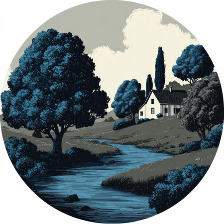 This illustration depicts a serene landscape featuring a river winding through a valley. Lush trees and a quaint house are present, all under a soft, overcast sky. The artwork is stylized with defined shapes and textures, and it uses muted tones. Suitable for various editorial and commercial applications.の素材