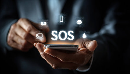 A person holds a phone, with a glowing SOS symbol and several icons above it. The scene features a close-up perspective against a dark background, showcasing a modern tech-related visual. The image's color palette mainly uses neutral tones with bright accents, and it could be applied for informational, advertising, or conceptual purposes.の素材