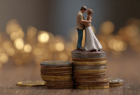 A miniature wedding couple figure stands atop a stack of coins. The image showcases a close-up with soft focus bokeh background. Warm tones and textures dominate the composition, suggesting financial stability. Suitable for content related to finance, savings, or marriage. Can be used for articles, advertisements, and various design projects.の素材