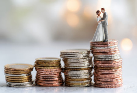 A miniature wedding couple stands on graduated stacks of coins. The composition features varying coin colors and textures, suggesting financial growth. The blurred background creates a soft, out-of-focus effect. Suitable for visual concepts related to savings, investments, or financial planning, this image can be used in diverse commercial applications.の素材