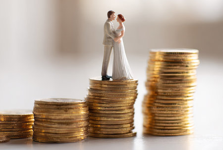 A miniature couple, dressed in wedding attire, stands on rising stacks of golden coins. The close-up shot uses natural lighting, highlighting the texture of the coins. The composition suggests financial planning for a wedding or future investment. This image is suitable for various commercial purposes related to finance or relationships.の素材