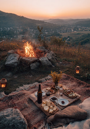 A tranquil outdoor scene features a campfire and a picnic spread. The composition captures warm tones with the presence of food and drinks. The image showcases a soft, diffused lighting with a natural backdrop, suggesting a relaxing evening in a calm environment. Suitable for editorial and commercial use.の素材