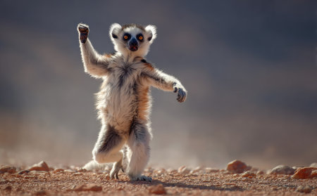 A lemur is captured mid-stride, showcasing its distinctive features against a blurred backdrop. The image reveals the lemur's fur, details of its paws, and facial expression. The scene is bathed in natural light, suggesting an outdoor environment. This image could be suitable for diverse editorial or commercial applications.の素材