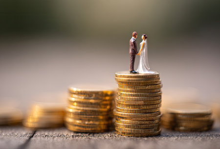 A miniature wedding couple stands atop stacks of coins. The image features warm tones with a shallow depth of field, highlighting the figures. The composition emphasizes the relationship between finance and marriage, set against a blurred background. Suitable for conceptual illustrations related to finances and social dynamics.の素材