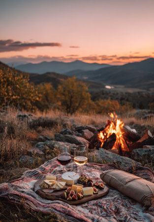 An outdoor scene showcases a picnic setup, featuring a small wooden tray with food and wine glasses. The warm light from a campfire complements the colors of the twilight sky. The image suggests a peaceful atmosphere, ideal for social gatherings or scenic backdrops.の素材