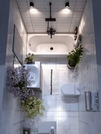 An overhead view reveals a modern bathroom featuring a bathtub, sink, and toilet, all rendered in clean, white tones. The scene includes decorative plants and overhead lighting, creating a bright and airy atmosphere. The image is suitable for use in architectural, design, or lifestyle-related projects.の素材