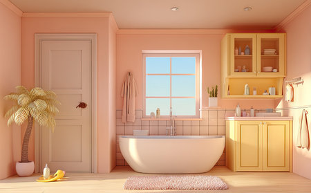 This image presents a bathroom interior with a prominent bathtub, complemented by a window providing natural light. The room features a warm color palette, including shades of peach and cream. The composition showcases a balance between the elements, making it suitable for various commercial uses.の素材