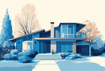 This illustration depicts a contemporary house with a minimalist style. The scene features a two-story home with a blue and white color scheme, surrounded by stylized trees and bushes. The artwork employs clean lines and flat colors, suggesting a bright and airy atmosphere. Suitable for use in design projects or visual content.の素材