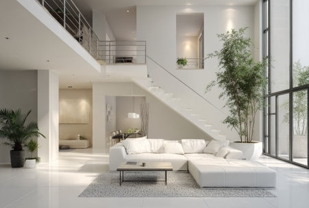 This image showcases a modern interior design featuring white walls, large windows, and contemporary furniture. The composition emphasizes clean lines, open space, and natural light. The scene possibly depicts a comfortable living room setup. This visual is suitable for various commercial purposes, including interior design projects and lifestyle publications.の素材
