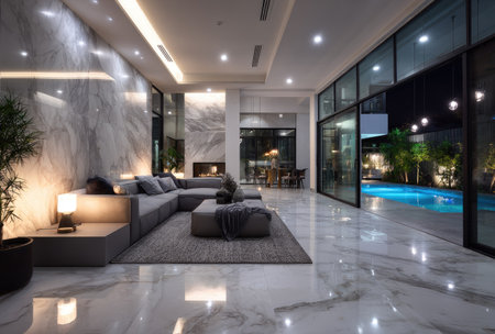 An interior shot showcases a contemporary living space. The room features a large sectional sofa, marble flooring, and expansive windows offering a view of a nighttime pool. The composition uses balanced lighting and a neutral color palette. This image is suitable for architectural, design, or lifestyle publications.の素材