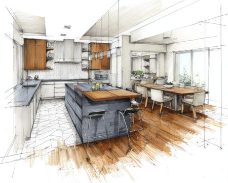 This interior sketch depicts a modern kitchen with an island, cabinets, and a dining area. The composition features a neutral color palette, incorporating wood tones and a herringbone floor. Overhead lighting illuminates the space. Suitable for architectural, design, or lifestyle publications and projects.の素材