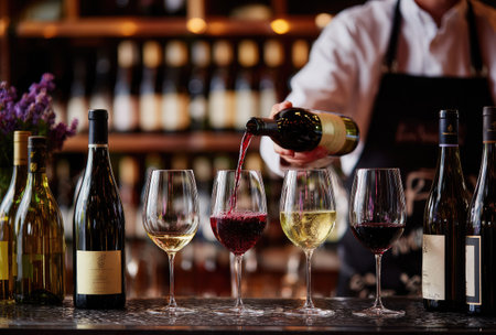 A person pours red wine into a glass from a bottle, with other glasses and bottles nearby. The scene features various shades of red and gold, soft lighting, and a blurred background. This image could be used for articles, advertisements, or other marketing materials about food and drink.の素材