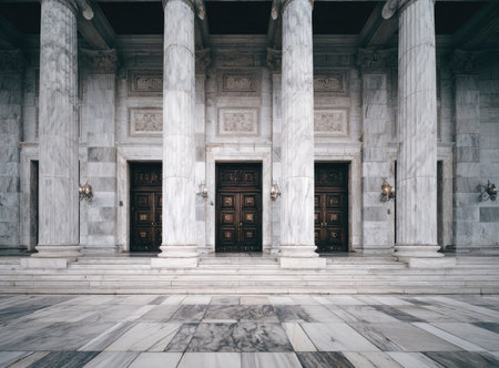 The image showcases a classical building's exterior with imposing pillars and a symmetrical design. The architectural details include textured marble and dark wooden doors. The composition, lit by natural daylight, suggests a grand entrance. This image is suitable for various commercial uses, including editorial and design projects.の素材