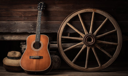 An acoustic guitar and a wooden wagon wheel are arranged against a dark brown wooden surface. The image exhibits a rustic aesthetic, with the guitar's warm tones contrasting with the wheel's aged texture. The lighting appears to be focused, enhancing the textures. Suitable for illustrating themes related to music, history, or design projects.の素材