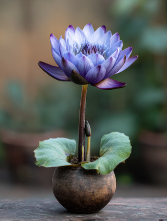 A close-up captures a water lily in full bloom, showcasing vibrant blue and purple petals. The flower is set in a small, weathered pot, with green leaves providing contrast. The composition is likely captured in natural daylight. This image could be suitable for various editorial and commercial applications.の素材