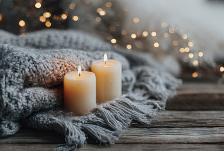 Two candles with flames rest on a gray knitted blanket, set against a wooden surface. Soft, warm lighting from the candles and a string of bokeh lights creates a cozy atmosphere. The composition emphasizes texture and depth, potentially suitable for interior design, seasonal promotions, or lifestyle content.の素材