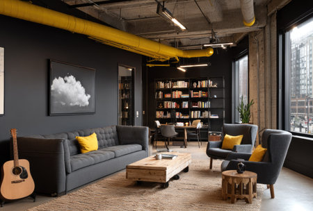 An interior shot reveals a modern office space featuring a gray sofa with yellow cushions, armchairs, and a wooden coffee table. The scene is illuminated by ambient lighting and features a library, a framed artwork and a guitar. Suitable for editorial and commercial use.の素材
