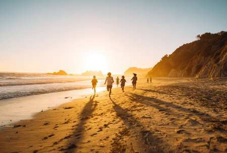 A group of people are seen running on a sandy beach during sunset. Warm tones dominate the scene, with the setting sun casting long shadows. The image captures the silhouettes of the individuals against the bright sky. It could be used in various commercial or editorial contexts.の素材