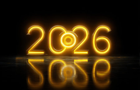 Illuminated neon numbers representing the year 2026 glow with a golden light against a black backdrop. The reflective surface below enhances the vibrant effect, creating a striking visual. Ideal for presentations, digital art, or visual elements for various media. The futuristic design can be used for conceptual or promotional purposes.の素材