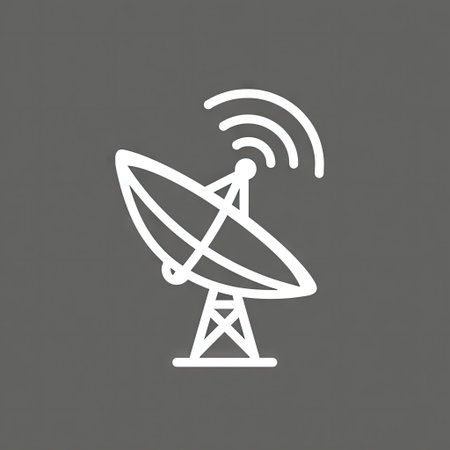 A white satellite dish icon against a grey background. The image depicts a communication device with curved lines and an antenna. The style is simple and graphic, with high contrast. Suitable for use in a variety of digital or print applications, and can represent concepts such as technology and communication.の素材