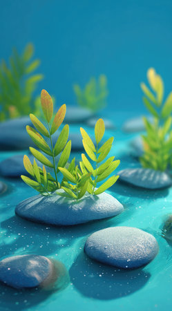 This image depicts an underwater environment, featuring vibrant green plants sprouting from smooth, grey stones. The scene is bathed in a bright, teal-blue light, creating soft shadows. The composition and color palette lend themselves to various creative uses, potentially for digital art, design elements, or educational materials.の素材