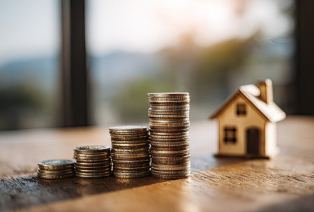 A close-up captures stacked coins arranged next to a small wooden house. The scene showcases varying coin stacks indicating growth, all resting on a wooden surface. Soft lighting suggests an interior setting, possibly near a window. Suitable for illustrating concepts related to savings, investments, or property ownership.の素材