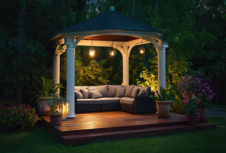 This image showcases an inviting outdoor gazebo featuring comfortable seating. The scene is illuminated by warm ambient lighting, enhancing a serene atmosphere. Lush greenery surrounds the structure, suggesting a garden setting. The composition is suitable for use in various commercial and editorial contexts.の素材