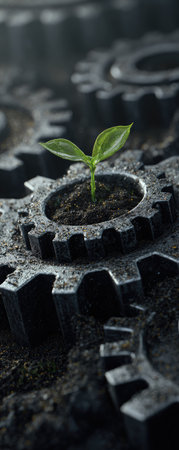 A small plant sprouts from the center of a gear, surrounded by others in a blurred background. The image features a contrast between organic and industrial elements. The composition evokes a sense of growth, representing innovation and development. Suitable for editorial and commercial applications.の素材