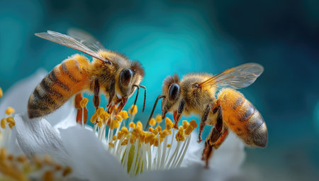 Two bees are depicted interacting with a flower, possibly pollinating. The image showcases detailed textures of the insects and flower, with natural lighting creating a bright and airy feel. Ideal for illustrating nature, biology, or environmental themes, this image has potential applications in advertising and educational materials.の素材