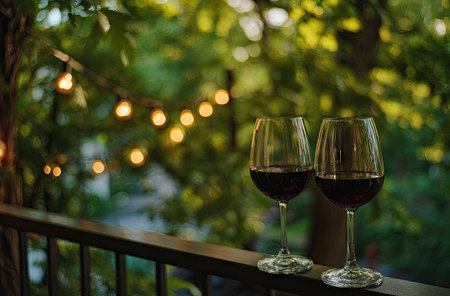 Two glasses of red wine stand on a balcony railing, illuminated by string lights and surrounded by lush green foliage. The image displays a shallow depth of field, emphasizing the glasses against a soft, blurred background. Suitable for projects on leisure, dining, or lifestyle themes.の素材