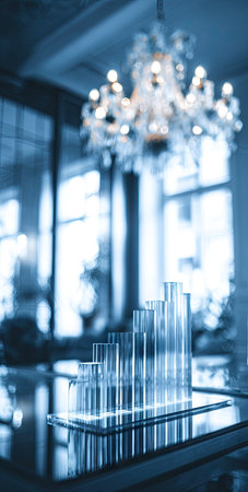 An abstract glass sculpture resembling a rising graph dominates the foreground. The composition is bathed in cool blue tones, creating a sense of depth through shallow focus. Soft, ambient lighting and a blurred chandelier in the background complete the interior setting, suitable for visual concepts in business or finance.の素材
