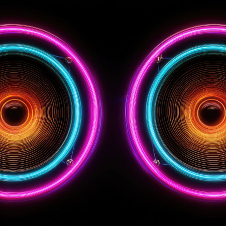 Two speakers are presented with a neon light ring design. The circular compositions feature gradients of orange and blue. The backdrop is a dark, solid color, creating a stark visual contrast. Suitable for creative projects, this image might be used for promotional and advertising purposes.の素材