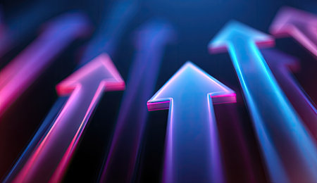This abstract illustration features several arrows with a vibrant gradient of colors, primarily blues and pinks. The arrows appear to be illuminated, creating a sense of depth and movement. The composition is set against a dark background, enhancing the visual impact. Suitable for various design and advertising projects.の素材