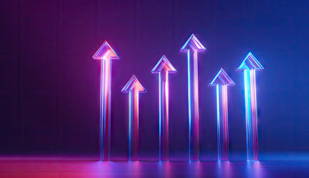 This image showcases several translucent arrows pointing upward, illuminated with vibrant blue and pink hues. The arrows are set against a dark background, creating a visually striking contrast. The composition uses soft lighting and a modern style. It can be used for various commercial projects related to growth and progress.の素材