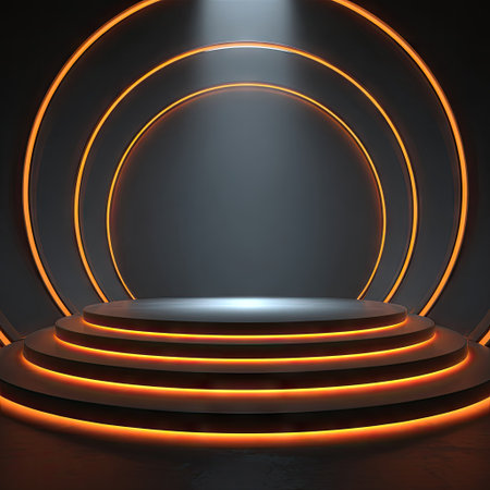 An abstract stage design features concentric glowing rings, creating a layered visual effect. The composition employs a dark backdrop, contrasted by warm-toned illumination. It suggests a futuristic or high-tech setting. This image may be suitable for promotional materials, presentations, or website design.の素材