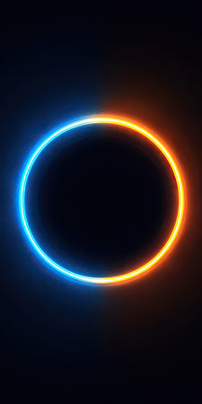 A vibrant circular design with neon-like illumination features a dark central void. The outer edges display a gradient of blue and orange hues. The style suggests digital art with a focus on color and contrast. Suitable for graphic design or artistic purposes.の素材