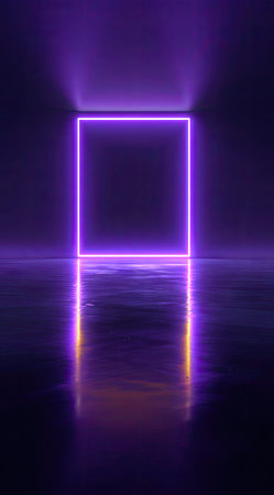 An illuminated square shape glows with neon light, the image featuring a dark, reflective floor. This minimalist design emphasizes geometry and color, with a focus on contrasting light and shadow. Ideal for various digital art projects or visual concepts that may include modern design. It's suitable for different visual storytelling needs.の素材