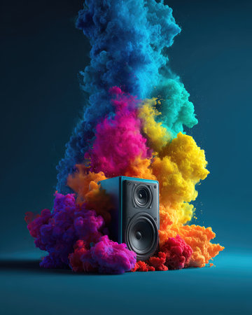 A dark speaker sits in front of a colorful cloud of smoke. The artwork uses bright colors such as blue, pink, and yellow. The style is modern. This abstract imagery could be used for advertising, graphic design, and artistic projects.の素材