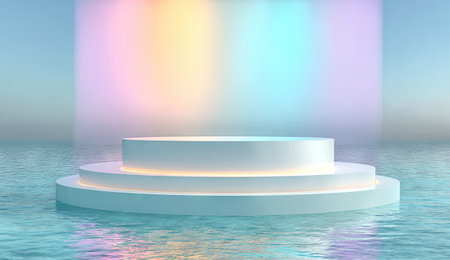 A circular platform floats on water, bathed in soft, diffused light. The composition features a minimalistic design with clean lines and subtle color gradients. The setting suggests an abstract, ethereal environment. Suitable for conceptual design or presenting products, it offers copy space for various applications.の素材