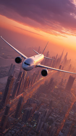 An airplane soars above a cityscape during sunset, showcasing the warm hues of orange and purple. The composition highlights the airplane, emphasizing its flight above the sprawling city. This image could be used for various commercial projects and editorial needs. The lighting is dramatic, and the overall style is modern.の素材