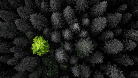 An aerial perspective showcases a vibrant green tree amidst a forest primarily rendered in grayscale. The composition emphasizes the contrast between the colorful and monochromatic elements. The scene suggests a natural environment and could be applicable for various editorial or commercial purposes.の素材