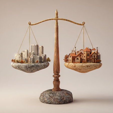 An image showcases a balance scale, with a cityscape and residential homes in its trays. The composition uses warm and neutral tones and soft lighting. This conceptual illustration conveys themes of choice, comparison, and the contrast between urban and rural living, potentially suitable for editorial and commercial projects.の素材