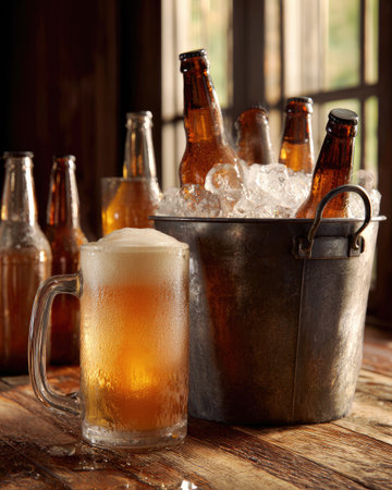 A close-up captures multiple amber beer bottles chilled in an ice-filled metal bucket beside a full glass mug. The scene features warm lighting and a natural wood table, with a blurred background. This composition could be used for advertising, restaurant promotions, or lifestyle imagery.の素材