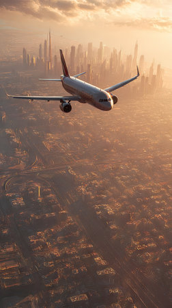 An airplane soars above a sprawling cityscape bathed in warm sunlight. The aircraft, featuring wings and engines, is the focal point. Buildings create the background. This image showcases travel and transportation concepts and can be applied in various commercial contexts.の素材